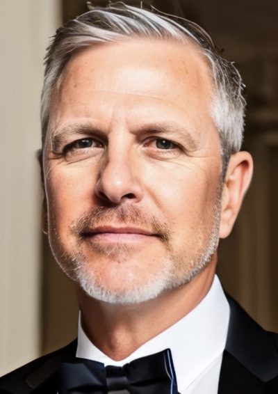 Portrait of Blake Blomquist, President of Monuments in Stone, smiling in a black tuxedo and bow tie